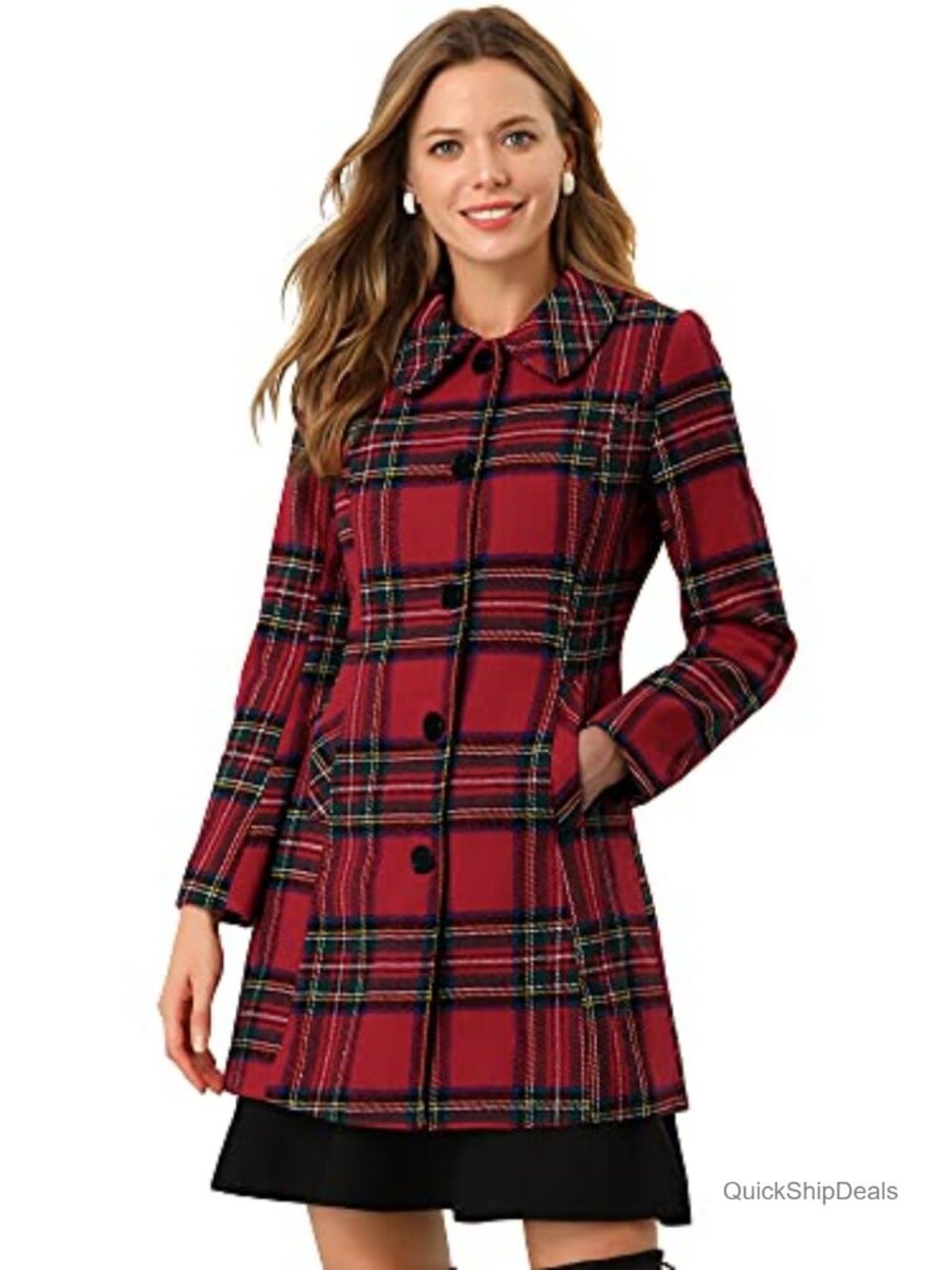 Women's Plaid Pea Coat Overcoat with Peter Pan Collar and Button Closure Long